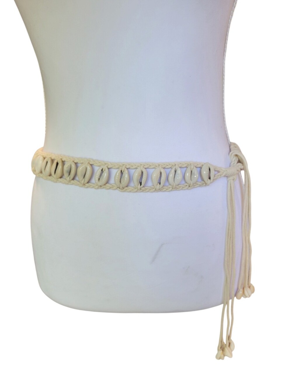 Bohemian Cowrie Shell Woven Tie Belt Boho Beachy Cream Cord Wrap
